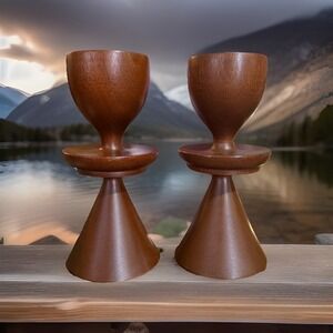 Vtg Rosario Woodturning Pair (2) Wooden candlestick Holder mid-century modern 6"